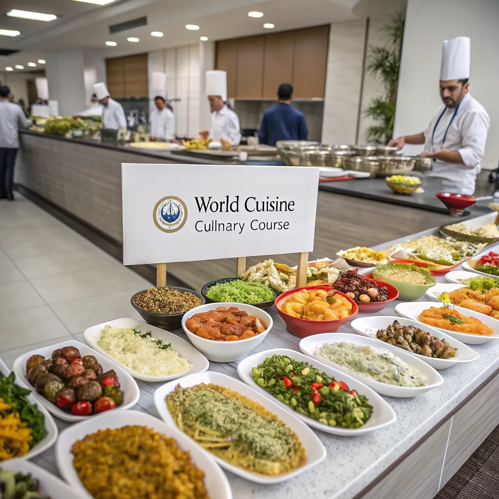 World cuisine culinary course with a display of international dishes